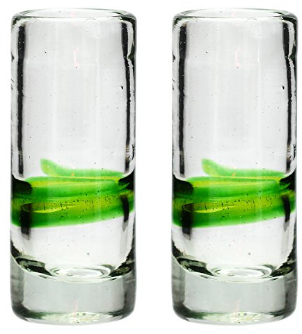Tumia LAC Shot or Tequila Glass, Blended Green Set of 2, Hand Blown from Recycled Glass - fair Trade and Handmade in Mexico
