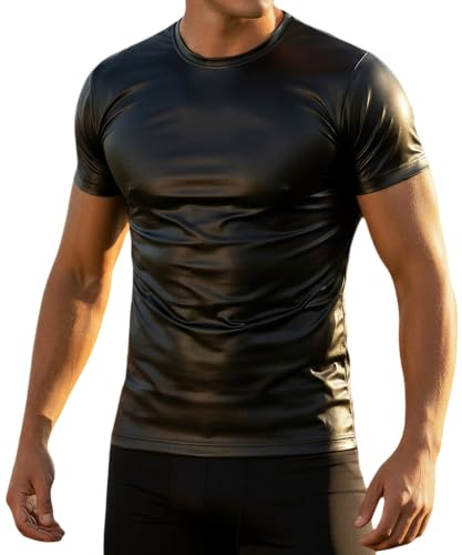 Latex Similar Men's Shirt 1/2 Sleeve Faux Leather Shirt, black, 3XL