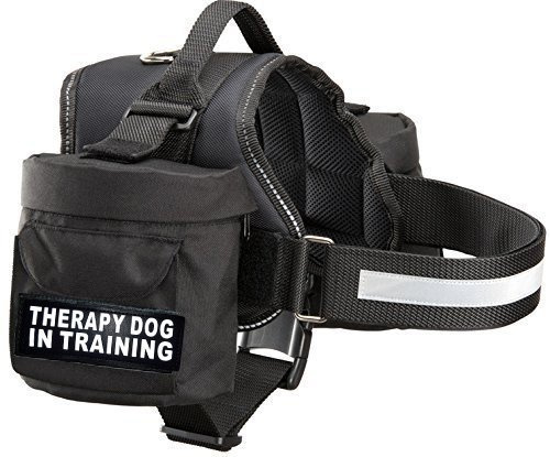 Therapy Dog in Training Harness with Removable Saddle Bag Backpack Harness Carrier Traveling. 2 Removable Patches. Please Measure Dog Before Ordering.… (Girth 19-25, Black)
