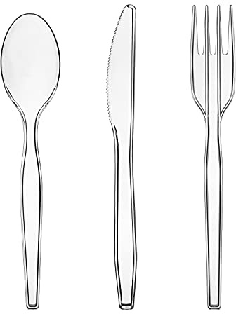 Party Essentials Medium Weight Plastic Cutlery Combo Set, Includes Knives/Forks/Spoons, 300 Pieces/100 Place Settings, Clear