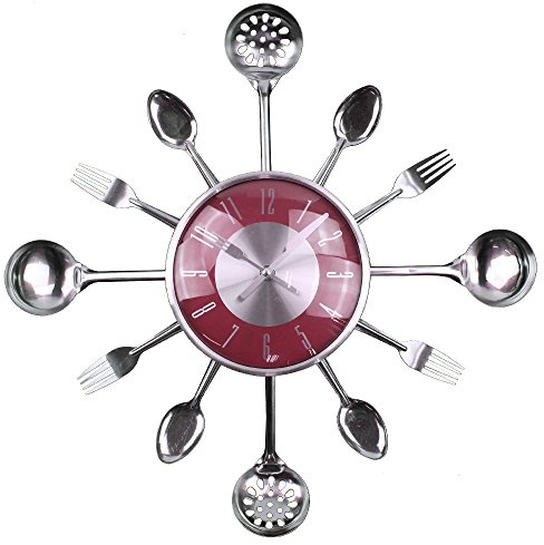 Timelike Küchenuhr mit Glas, Edelstahl 3D Löffel-Gabel-Besteck-Design, Abnehmbarer, Heimdekoration Besteck-Design Uhr Cutlery Kitchen Wall Clock 45 x 45 x 6,2 cm Rot