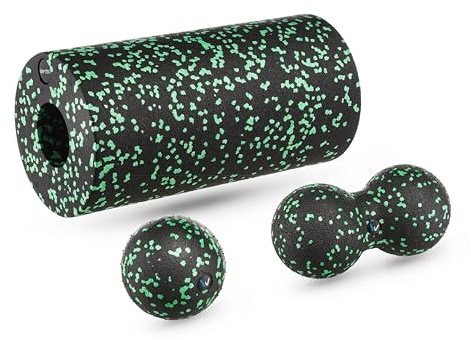 Gymtek Massageball - Massage-Set: 2 Bälle und Rolle - Doppelte Kugel - Massage von Faszien und die Regeneration der Muskeln – Yoga – Akupressur - Lacrosse-Ball Muskelrolle - Schwarz Grün