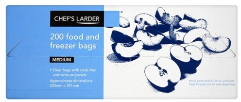 Chef’s Larder Medium Food & Freezer Bags 200 Pack | Clear Bags with Twist Ties & Write-On Panels | Approx 225mm x 351mm | Kitchen Storage & Freezing