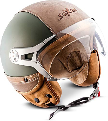 Soxon SP-325 Urban öppen ansiktshjälm, ECE visir läderdesign, grön · XS (53–54 cm)