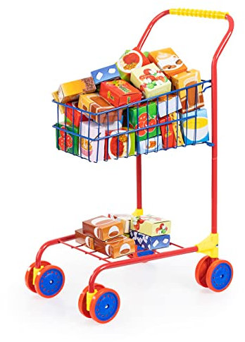 Bayer Design 75002AA Einkaufswagen Supermarkt Kinder, mit Spiellebensmittelkartons, bunt, aus Metall, integrierter Sitz, Kaufladenzubehör