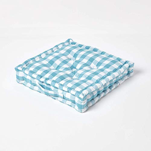 HOMESCAPES Blue and White Gingham Floor Cushion Block Check Pattern 100% Cotton Cushion Pad Large 50 x 50 x 10cm Square Outdoor Garden Cushion or Indoor Dining Chair Booster Seat