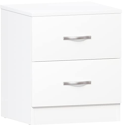 Vida Designs Comodino Bianco, 2 Maniglie e Guide in Metallo, Supporto Unico per cassetti Anti-Arco, mobili per Camera da Letto Riano, Argento, 47 x 40 x 36 cm