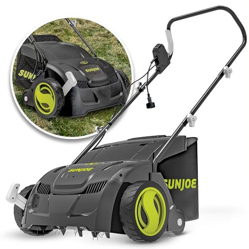 Sun Joe AJ801E - Dethatcher elettrico e scarificatore da 12 A, con borsa di raccolta rimovibile da 8 galloni, regolazione in altezza in 5 posizioni, tecnologia Airboost aumenta la salute del prato, 33