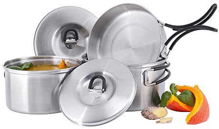 Tatonka Camping-Kochgeschirr Cookset Regular (5-teilig) - Edelstahl-Geschirr mit Pfanne und 2 Töpfen mit Deckeln - Inklusive Transportbeutel - Rostfrei, schadstofffrei & lebensmittelecht, 16 x 9 cm