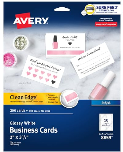 Avery Clean Edge Printable Business Cards, Sure Feed Technology, 2 x 3.5, Glossy White, 200 Blank Cards for Inkjet Printers (8859)