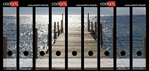 codiarts. Ordnerrücken selbstklebend | Etiketten Set für 9 breite Ordner | gestantzt mit Griffloch | Rückenschild breit | Sonniger Steg zum Wasser