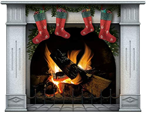 lepni.me Pegatina de Pared Chimenea con Leña ardiente, Llamas de Leña Decoración de Calcomanías de Pared (Medio Marfil con 4 Medias Navideñas)