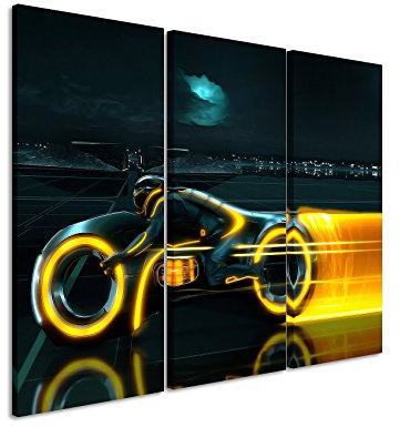 Leinwandbild 3 teilig Tron_Legacy_Bike_3x90x40cm (Gesamt 120x90cm) _Ausführung schöner Kunstdruck auf echter Leinwand als Wandbild auf Keilrahmen