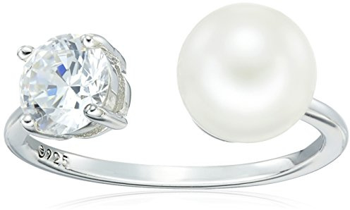 Amazon Essentials Platinum-Plated Sterling Silver Infinite Elements Cubic Zirconia Freshwater White cultured Pearl Ring, Size 7