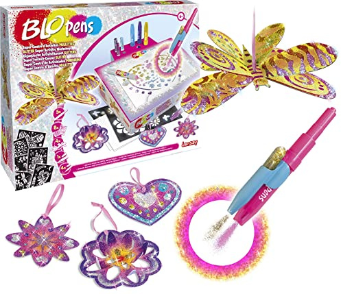 Lansay - Blopens Super Centre Paillettes - Coffret Créatif - Dès 6 Ans | Atelier de Dessin - 8 Pochoirs, 6 Créations à Bricoler et Stylo Colle - Boîte Transformable en Pupitre - Décorer la Chambre