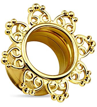 Tapsi´s Coolbodyart® Double Flared Tunnel Schraubverschluss Edelstahl Chirurgenstahl 316L Tribal Herz 14K Vergoldet 10mm
