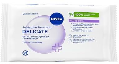 NIVEA Salviettine Struccanti Delicate 25 Pezzi, Struccante viso e occhi e labbra per trucco waterproof e SPF, Con Liquirizia e Pantenolo, Senza profumo e alcol, Detergente viso pelle sensibile
