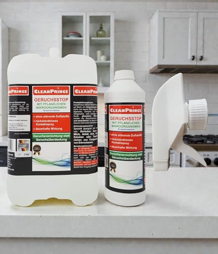 2,5 Litre Bidon STOP ODEUR AVEC DES MICRO-ORGANISMES de CleanPrince. Lot composé de 2 litre dans Cartouche de recharge et 500 ml a l'intérieur de flacon pulvérisateur. Plus précisément adapté a la Destruction de Odeurs par Mazout,Lait,Abfall,Urine,Sueur dans Chaussures/Textiles,odeurs de Fosses septiques ainsi que de Erbrochenem. Cleanprince Stop odeur neutralise sur Base de Complexe enzymatique mauvaise odeurs de sure lait,Odeurs animales,Odeurs de mazout,odeurs de erbrochenem,Odeurs d'urine et