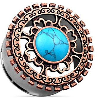 Tapsi´s Coolbodyart® Double Flared Tunnel Edelstahl Chirurgenstahl 316L Messing Türkis Tribal 6mm