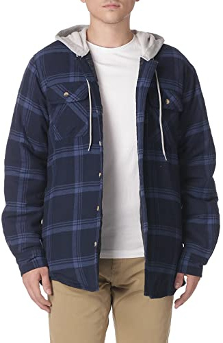 Long Sleeve Quilted Lined Flannel Shirt Jacket With Hood, Total Eclipse With Heather, X-Large