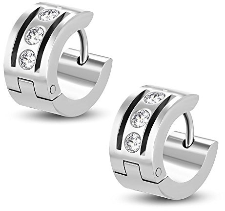 Bungsa Multikristall Creolen Ohrringe silber Zirkonia Stein 7mm - 1 Paar Klappcreolen Edelstahl (Ohrstecker Ohrringe Ohrhänger Huggie Ohrschmuck Religion Jesus Christ Ohrklemmen Damen Frauen Herren)