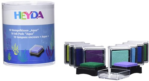 Heyda 204888472 Mini-Stempelkissen Set „Aqua“ 3 x 3 cm, 10 Blau-Grün-Töne Sortiert