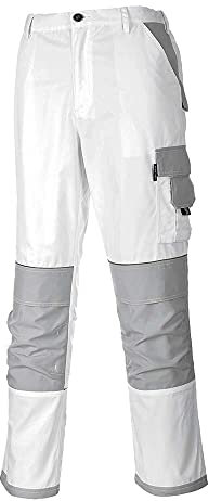 Portwest KS54 Men's Painters Pro Slim Fit Work Trousers with Knee Pad Pockets - Reflective Painting Decorators Cargo Combat Safety Workwear, White, M