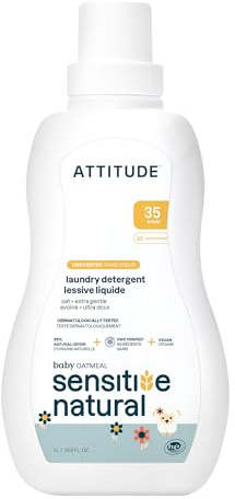 ATTITUDE Baby Laundry Detergent Liquid, EWG Verified, Safe for Baby Clothes, Infant and Newborn, Vegan and Naturally Derived Washing Soap, HE Compatible, Unscented, 35 Loads, 1 Liter