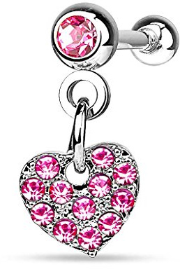 Piercingfaktor Tragus Helix Ohr Cartilage Knorpel Piercing 316 L Chirurgenstahl Stecker Kristall Kugel mit Herz-Anhänger Silber - Pink