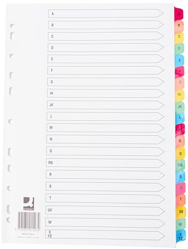 Q-Connect Etichette multiforate A-Z, 20 pezzi, rinforzate, multicolore, formato A4, con indice prestampato