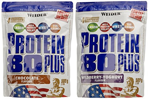 WEIDER Protein 80 Plus Eiweißpulver, 2 Pack Mixed, Schoko/Waldfrucht-Joghurt, Low-Carb, Mehrkomponenten Casein Whey Mix für Proteinshakes, 2x500g