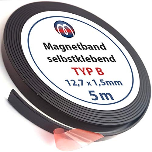 Magnetband Magnetstreifen selbstklebend mit Premium-Kleber - 1,5mm x 12,7mm x 5m - Magnetisierung TYP B, anisotrop