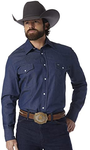 Wrangler - Camicia da lavoro a maniche lunghe da uomo in chambray western, taglio cowboy, 19 Neck 36 Sleeve