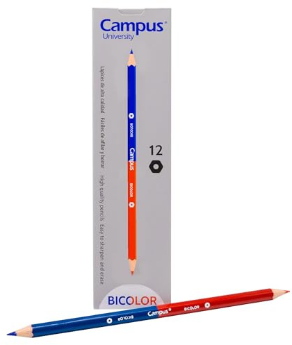 Campus University - Lápiz Bicolor Rojo y Azul, Pack 12 lápices agarre Hexagonal, Mina 3 mm, Lápices de Colores Ideales Para la Escuela, Profesores y Maestros, 12 Piezas