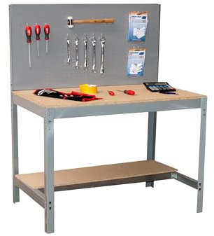 Simon Rack Arbetsbänk med perforerad panel, 600 kg Lastkapacitet, 1445x1210x610 mm, DIY Arbetsbord Garage, Grå/Trä – BT2