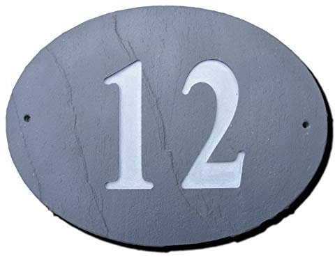 NUMBER 12 OVAL NATURAL GREY SLATE HOUSE DOOR NUMBER 7 x 6 DEEPLY ENGRAVED NATURAL SURFACE SIGN PLAQUE HOUSE WARMING GIFT (175 x 150mm) No. 12 TWELVE ROUND by FastCraft UK