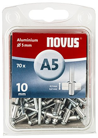Novus Blindnieten Ø5 mm Aluminium, 70 Nieten, 10 mm Länge, zur Befestigung von Kunststoff, Stoffen und Leder
