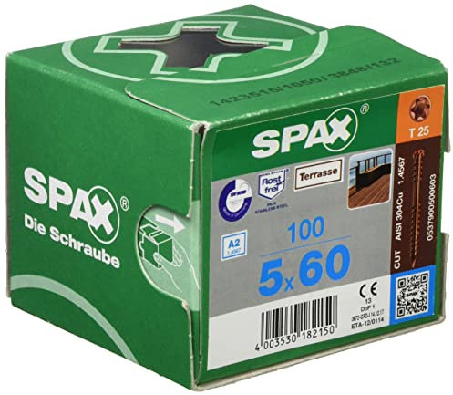 SPAX Terrassenschraube aus Edelstahl rostfrei A2, 5,0 x 60 mm, 100 Stück, T-STAR plus, Zylinderkopf, Fixiergewinde, CUT-Spitze, antik, 0537900500603