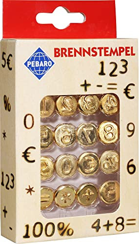 Pebaro 20600 Brennstempel für Brandmalerei, Pyrographie, Holzbrennen, 16-teilig, aus Messing - Verschiedene Motive wie 0-9 und Sonderzeichen, zum Brennen auf Holz, Leder, Kork und anderen Materialien, 12, 50 x 7 x 2, 50 cm