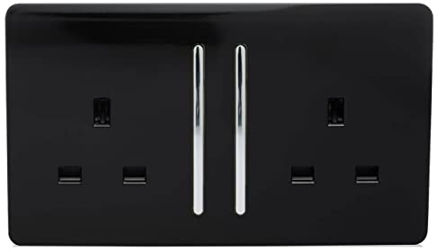 Trendi 2 Gang Raised Artistic Modern Glossy Screwless 13 Amp Single Pole with Chrome Switched UK Standard Electrical Double Wall Plug Socket in Piano Black - ART-SKT213LBK