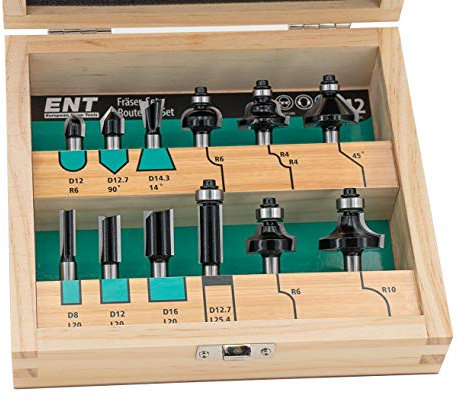 ENT 09012HKB Juego de 12 Fresas en Estuche de Madera Auténtica - Vástago de 8 mm - Cuchillas de Carburo - para Rebajadora