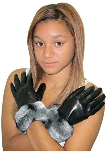 FursNewYork Kaschmir-Futter, Leder, mit Lammfell Handgelenk Länge Handschuhe w/REX Chinchilla Bündchen