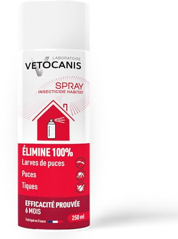 Vetocanis, Spray Insecticide Habitat, Efficacité Prouvée, Elimine 100% Puces, larves de Puces et Tiques, 250ml, Effet Immédiat, Dure jusqu'à 6 mois