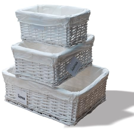 Arpan Set Of 3 White Wicker Gift Hamper Storage Basket With White Cloth Lining