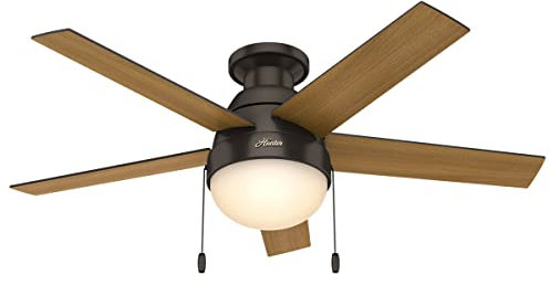 Hunter 46 inch Indoor Ceiling Fan with LED Light - Bronze Ceiling Fan with Pull Chain, For Bedroom, Living Room, or Kitchen, Low Profile Mount, No Remote, 5 Blades - Anslee 59268, Premier Bronze