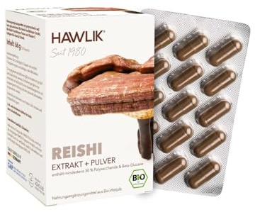HAWLIK Bio Reishi Extrakt + Pulver Kapseln - 120 Kapseln im Blister - Mit Vitamin C - Kombination aus Extrakt & Pulver - Natürlicher Anbau - Vegan