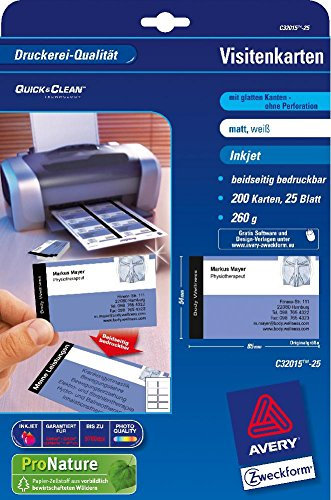AVERY Zweckform Visitenkarte Quick&Clean Inkjet 260g/m² DIN A4 85 x 54mm matt weiß 200 Karten auf 25Bl. Gewicht 260 g/qm Größe (B x H) 85 x 54 mm Inhalt 200 Stück
