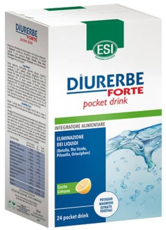 ESI - Diurerbe Forte, Integratore Alimentare a Base di Ginepro e Tè Verde, Favorisce la Diminuzione del Ristagno di Liquidi e Tossine nel Corpo, Senza Glutine e Vegano, Gusto Limone, 24 Pocket Drink