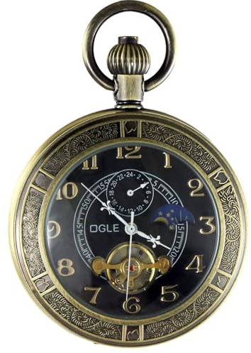 OGLE Montre de poche mécanique étanche et lumineuse Tourbillon Lune Soleil Chaîne à remontage automatique, Noir , Numérique, mécanique