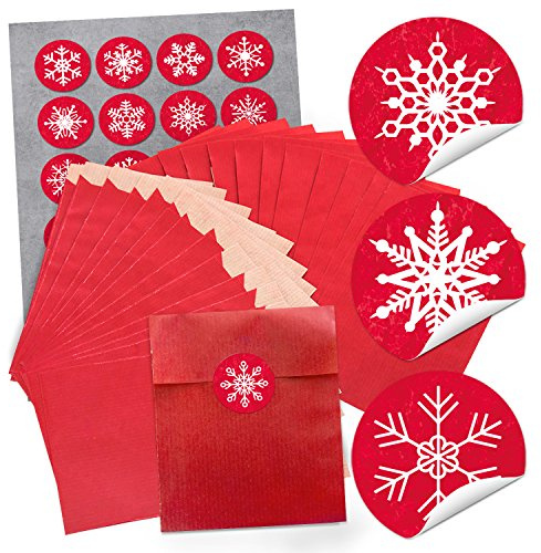 Logbuch-Verlag 24 rote Papiertüten mit Weihnachtsaufkleber Schneeflocke Geschenktüte Weihnachten Flachbeutel 13 x 18 cm
